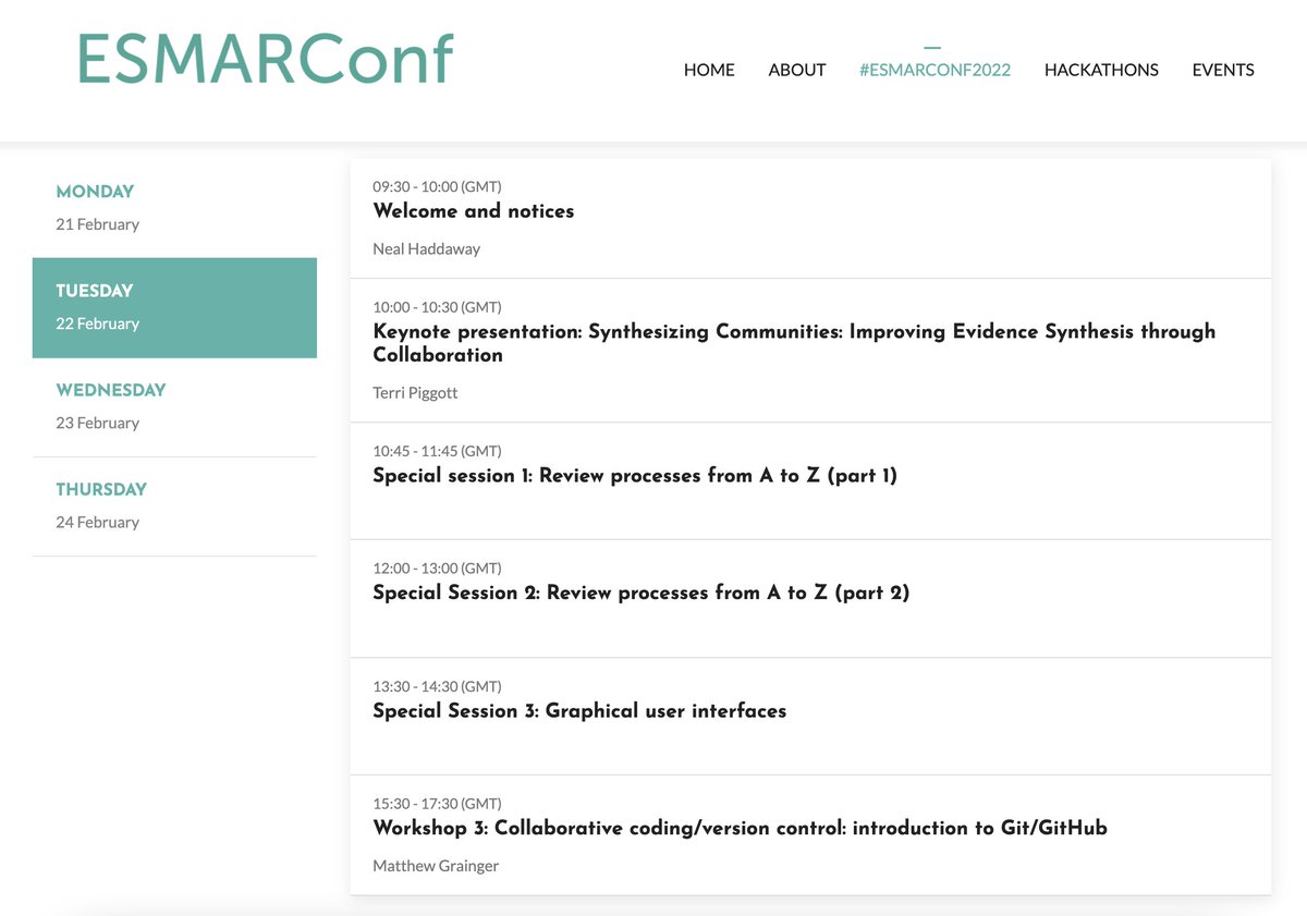 Check out the exciting #ESMARConf2022 programme - full of amazing workshops and special sessions of short talks. 

Register and join us for FREE on 21-24 February!

#EvidenceSynthesis #MetaAnalysis #RStats

esmarconf.github.io/#programme