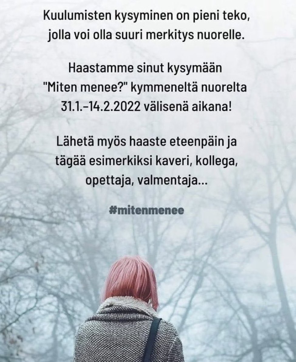 Kiitos haasteesta <a href="/LeaRankinen/">Lea Rankinen</a> , ihan ilman muuta mukana! Samaa mieltä, että haastetta voi laajentaa koskemaan kaikkia ihmisiä, ikinuoria ja vähän vanhempia. Haastan mukaan <a href="/NorjamaNina/">Nina Norjama</a> <a href="/janica_y/">Janica Ylikarjula</a> @MeriLoyttyniemi #MitenMenee