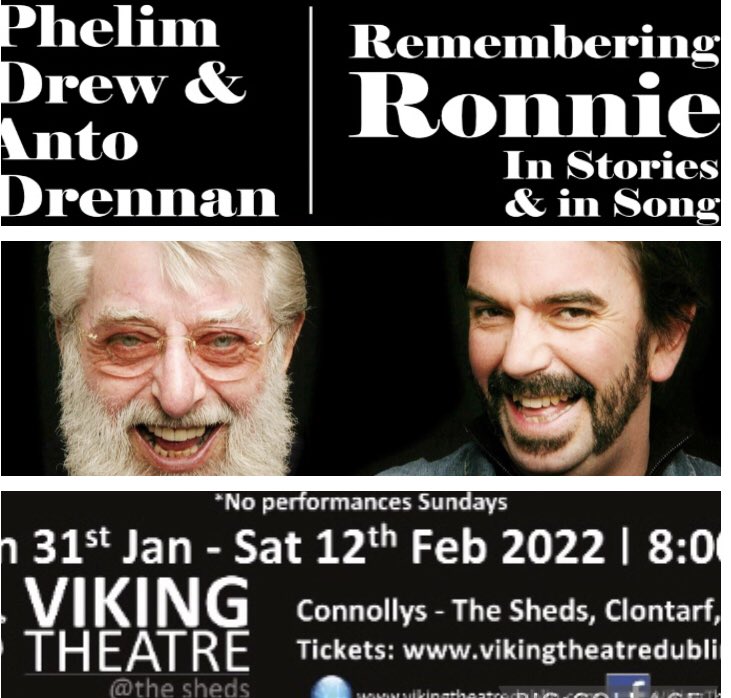 Opening Monday Jan 31st Phelim Drew remembers his Dad Ronnie in stories and in song. A great night guaranteed. Go directly to vikingtheatredublin.com to book your seats. 31 Jan -12 Feb 8:00pm. 🎶🎭