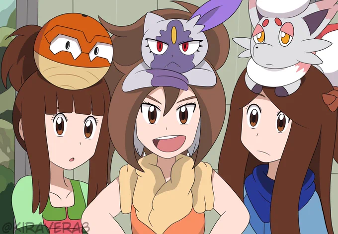 been waiting to post these for a bit now, 
but drew some anime-like screenshots of Kirara and sisters on their adventure!
#PokemonLegendsArceus 
