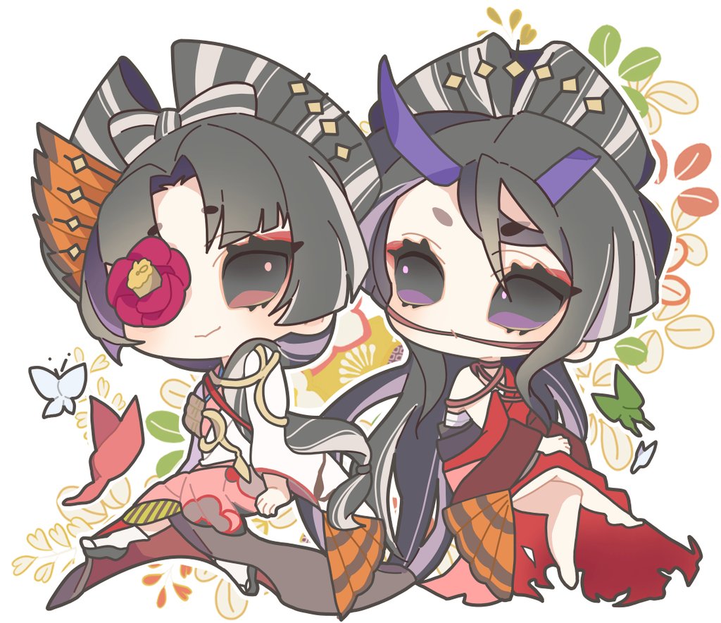 2girls multiple girls black hair chibi butterfly bug horns  illustration images