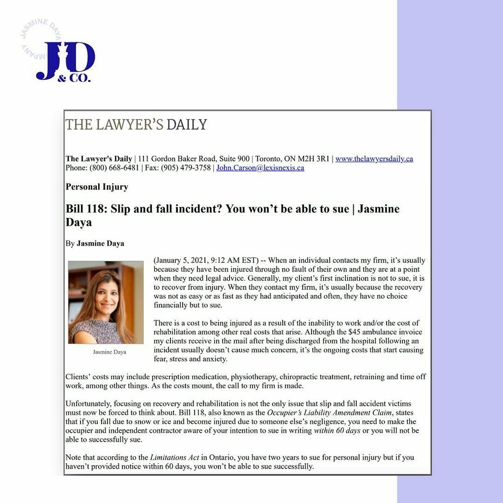 JDCo_Law's tweet photo. Read more about Jasmine Daya chat about Bill 118 and slip and falls on The Lawyers Daily. https://t.co/GBcianEgvI https://t.co/VoPJmZoc6t https://t.co/ULhqWJ4ZW6
