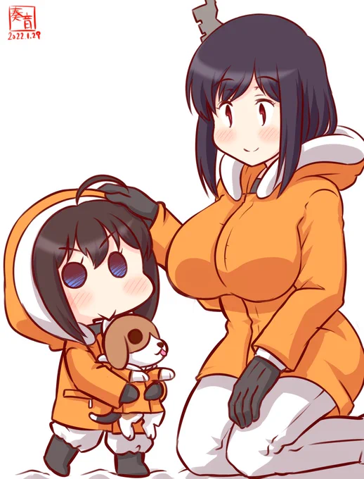 「やましろ!このふく あったかいね!」
「そうね、南極でも使われてるらしいから…」
「くぅちゃんとあそんでくる!」
「ふふふ、行ってらっしゃい」

お題:フリー
#西村艦隊版深夜の真剣お絵描き60分一本勝負
#時雨 #山城 
