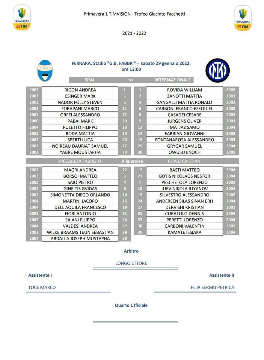 FabioAlampi's tweet photo. #Primavera
#SpalInter starting XI: Chivu sceglie il 4-3-1-2 con Casadei trequartista. Prima convocazione per il 2004 Kamate
#Inter: Rovida; Zanotti, Matjaz, Fontanarosa, Carboni; Grygar, Sangalli, Fabbian; Casadei; Jurgens, Owusu
#InterYouth โซ๐ต
@fcin1908it https://t.co/PhLXbng6jc