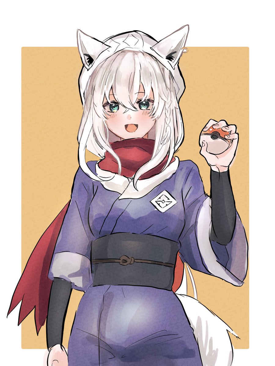 akari (pokemon) ,shirakami fubuki 1girl cosplay poke ball solo holding poke ball red scarf fox ears  illustration images