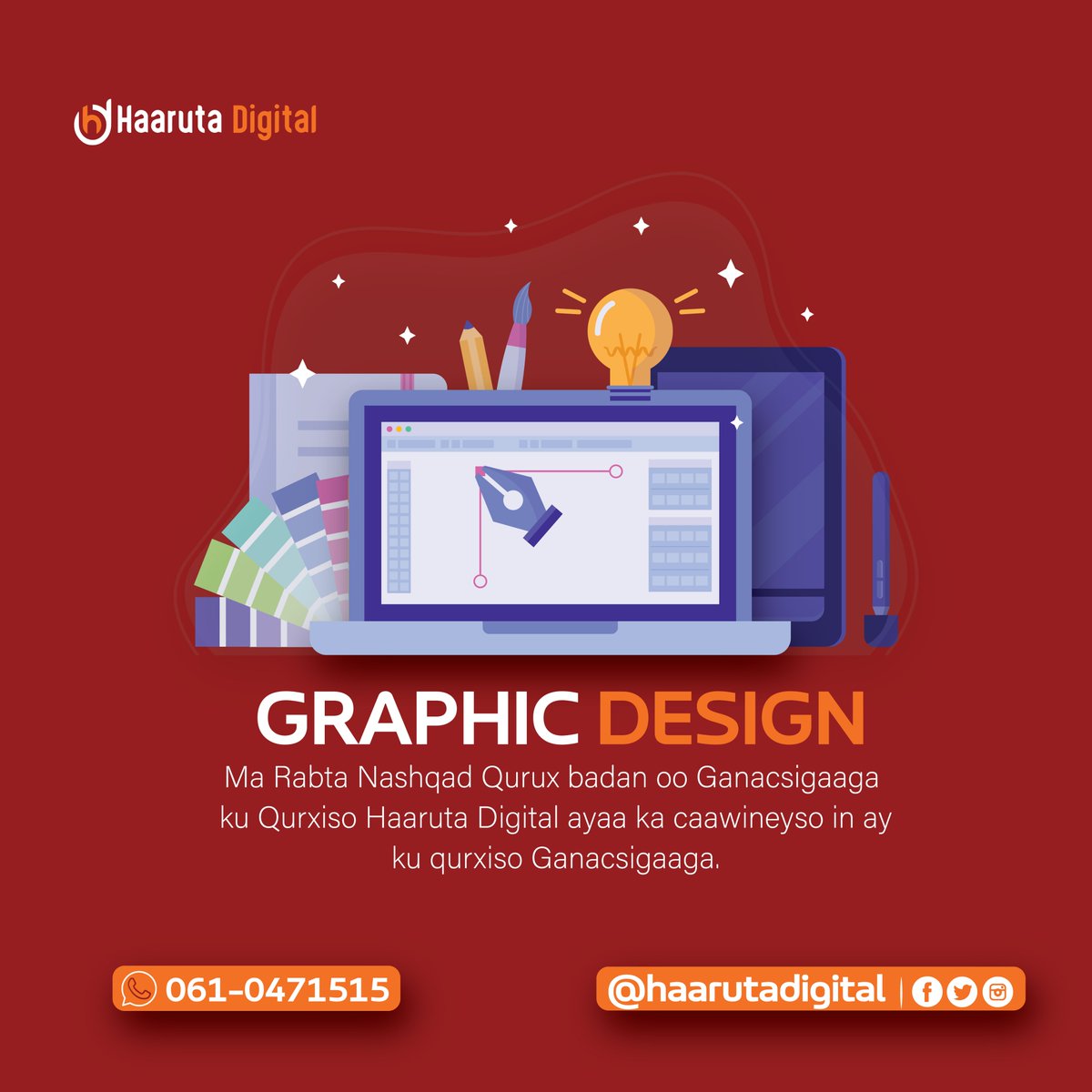 HaarutaDigital's tweet photo. Ma Rabta Nashqad Qurux badan oo Ganacsigaaga 
 ku Qurxiso Haaruta Digital ayaa ka caawineyso in ay 
ku qurxiso Ganacsigaaga.

 Get in Touch
 WhatsApp: +252-610471515
 Email: haarutadigital@gmail.com https://t.co/1nuNXEt6ot