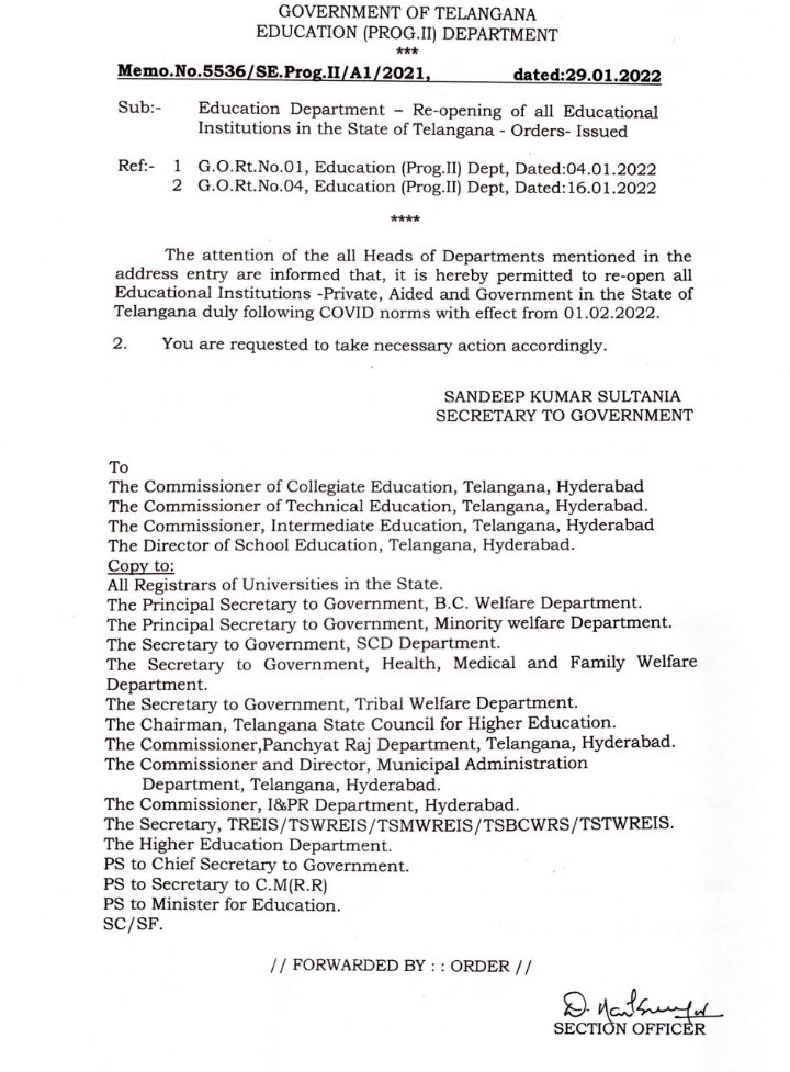 RishikaSadam's tweet image. #Telangana Govt issues orders to reopen all kind of educational institutions from Feb 1st. #Hyderabad #schoolsreopening #COVID19