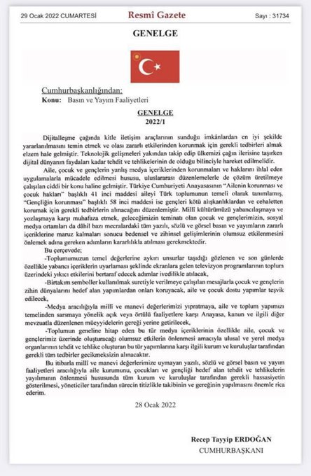 erkanpehl's tweet photo. Neuer #Erlass zur Regulierung der Inhalte in den #Medien durch #Erdogan 
Damit sollen "nationale und spirituelle Werte" der Türken geschützt werden. 
Kurz: Kritik an Erdogan und seiner Regierung, Familie, Geschäftspartnern und Kriegen (Syrien, Libyen) wird im Keim erstickt. https://t.co/rcRzLz7Q03