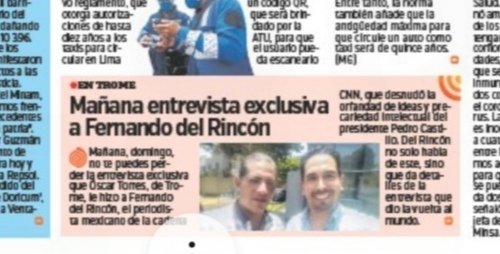 OscarTorresnews's tweet photo. Mañana domingo 30 de enero sale publicada #mientrevistaza EXCLUSIVA a @soyfdelrincon vía @tromepe. Único periodista peruano que lo entrevistó 'in extenso'. No apto para cardíacos!!! #CNNenespañol #ConclusionesCNN #FernandodelRincón #Castillo #Cerrón #Peru https://t.co/uvEjs4XLL3