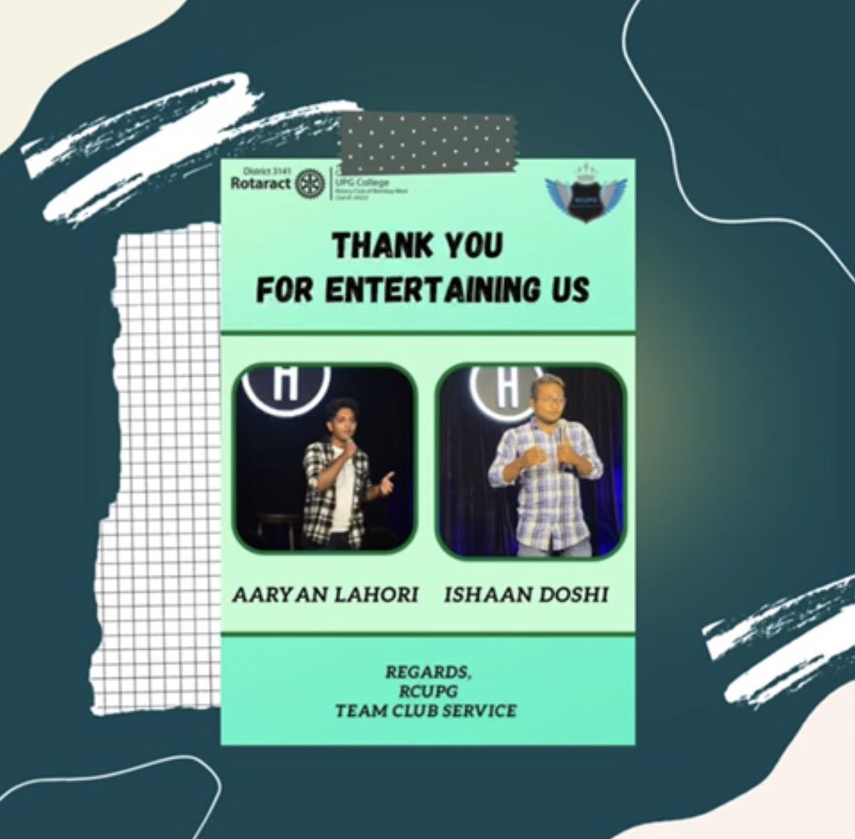 RotaractClubUPG's tweet photo. The Laughter lab, a club service initiative was organized on the 21st of January 😎

The Event was entertaining and the audience loved their time with the comics
We would like to thank our comics, Ishaan Doshi and Aaryan Lahori for entertaining our participants 👥

#rotarians https://t.co/TejgmLNRdi
