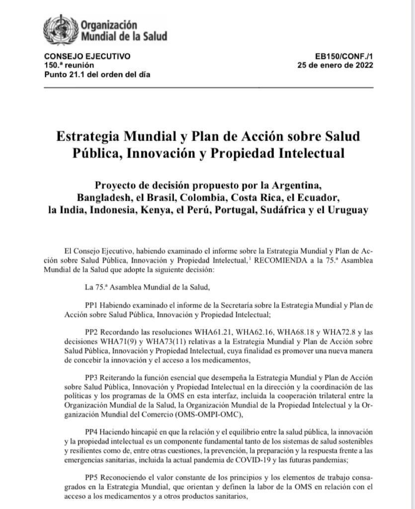 ArgentinaONUOMC's tweet photo. El Consejo Ejecutivo de la OMS #EB150 adoptó hoy la decisión presentada por 🇧🇷 , 🇿🇦 y la 🇦🇷 sobre la Estrategia Mundial y Plan de Acción sobre Salud Pública, Innovación y Propiedad Intelectual @BrazilUNGeneva @SAfrPMUN_Geneva @msalnacion https://t.co/o54x61tVS6