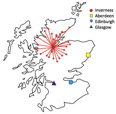 As part of our #ClinicalGovernance we review patient report forms from our voluntary responders &amp; <a href="/HighlandPICT/">Highland PICT</a> Team,

Once you plot the PICT Team attendances on a map, you really see the area they cover; 
#majortrauma , #criticalillness and facilitating "admission avoidance".