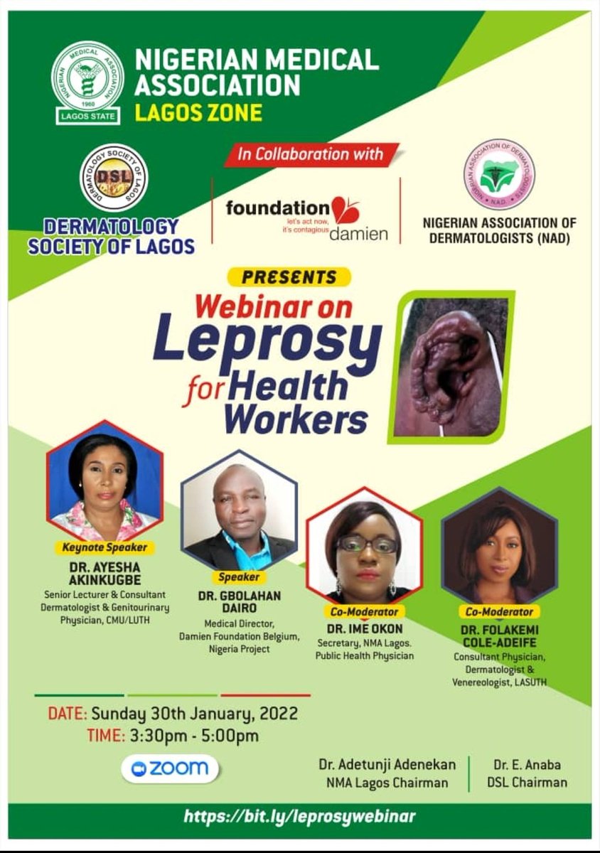 LagosDerm's tweet photo. This #WorldLeprosyDay, the Dermatology Society of Lagos (DSL) in collaboration with @LagosNma and the Damien Foundation Belgium (Nigeria) will be hosting a webinar on #leprosy for all health workers.
Sunday Jan 30 2022, 3.30-5.00pm WAT
To register https://t.co/Onh7Bjc8pu https://t.co/qoWMqZH1H4