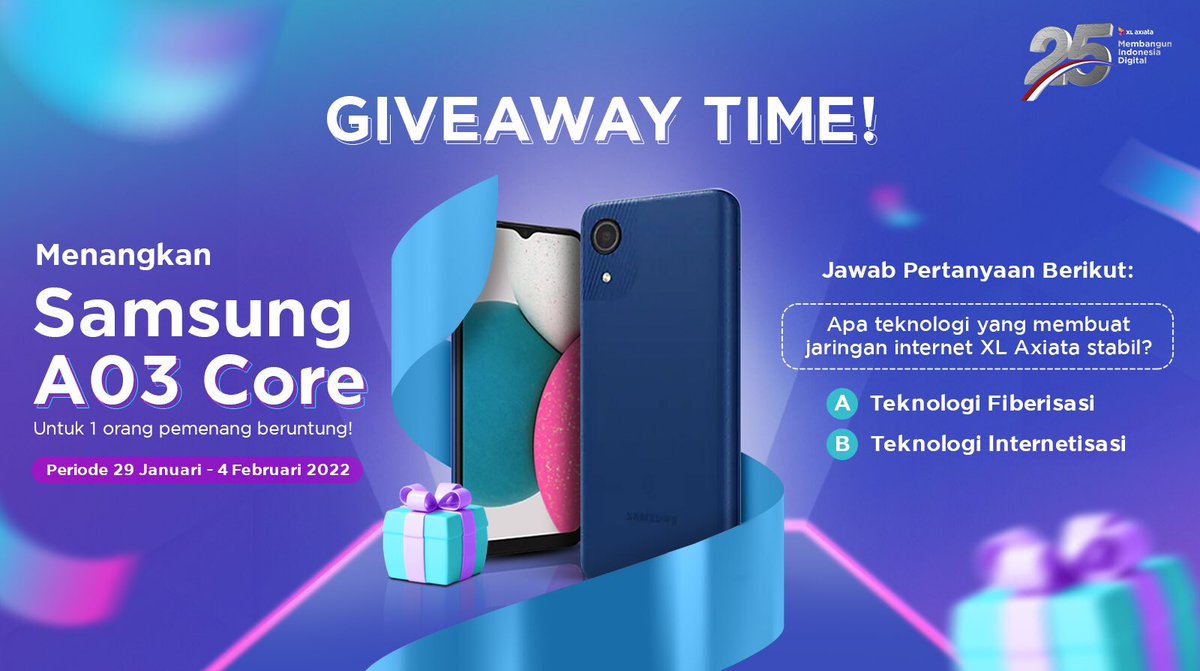 XLSMART's tweet photo. GIVEAWAY!

Mau Dapat Samsung A03 Core?

Yuk, langsung aja ikutan dengan cara:
1. Follow @xlaxiata_tbk 
2 Jawab pertanyaan di kolom reply sebanyak-banyaknya
3. Gunakan hashtag 
#JadiLebihBaik
4. Like &amp; Retweet untuk tanda kamu berpartisipasi

Semoga kamu beruntung ya! https://t.co/P2CGjH7H3o