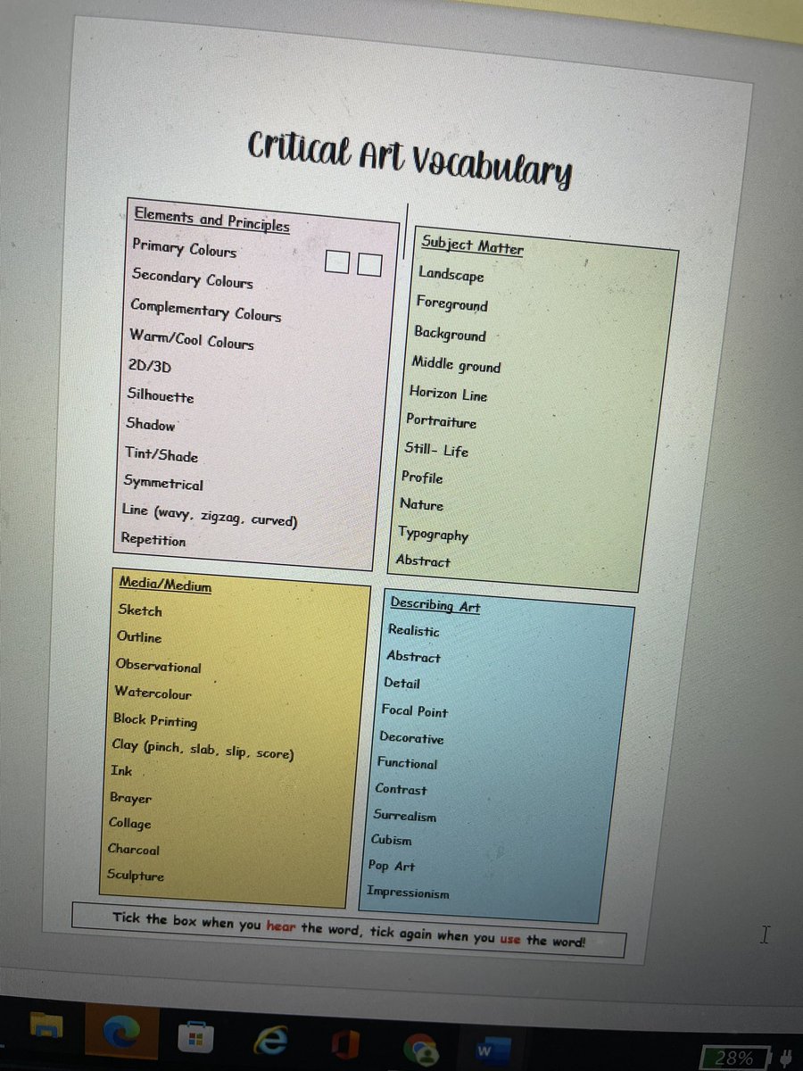 misswestons's tweet photo. Art teachers!
I want to make a vocabulary sheet for sketchbooks as a form of self assessment for the children.
My idea is that they tick one box when they hear the word and the other when they use the word? Do you think this would work? Any other ideas? Thank you!🎨 https://t.co/OlZXpQqGOx