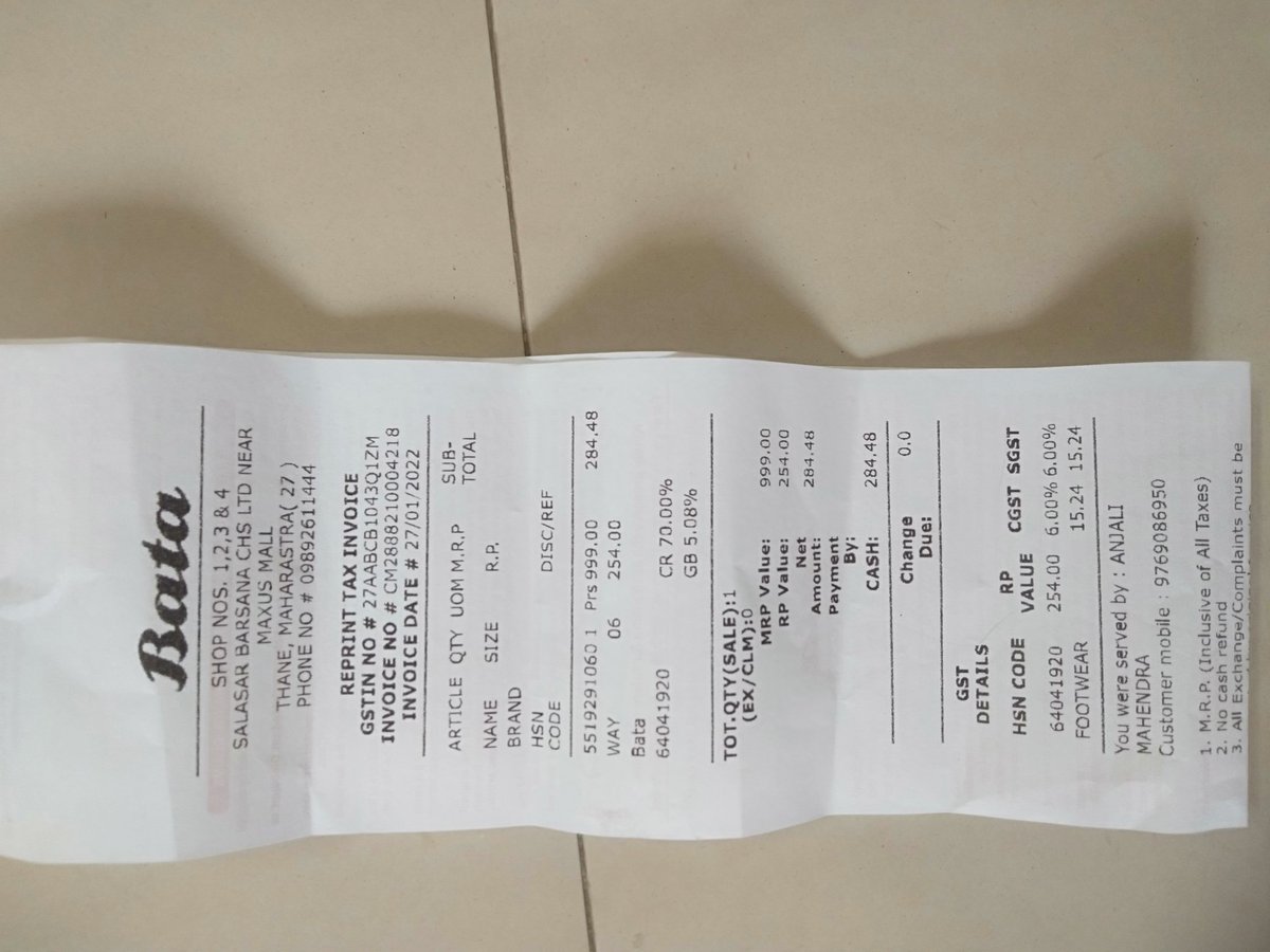 @BATA_Indiai  Ibought a pair of bellies from BATA , Bhayandar west , Thane , Maharashtra on 27 January 2022.And next day I found it  torned up from inside.I want the replacement for the same.Please help.I am attaching the bill and belly pic.
