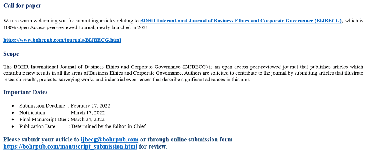 BOHR_BIJBECG's tweet photo. The BOHR International Journal of Business Ethics and Corporate Governance (BIJBECG) calls for research papers, review papers, conceptual framework, analytical and simulation models, case studies, empirical research, technical notes, and book reviews. https://t.co/vLbyJ9IsEs