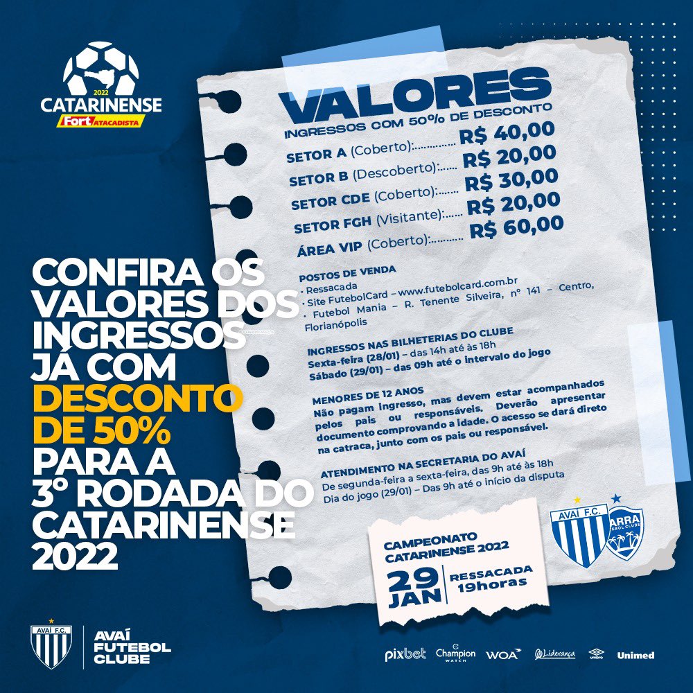AvaiFC's tweet photo. PARTIU RESSACADA! 🦁💪🏻
Confira os valores de ingressos para a partida de hoje, diante o Barra.
Você pode comprar via internet:
https://t.co/cEfu5qSF38
Ainda não é sócio?
https://t.co/Oox9K9AcnT
#TimedaRaça https://t.co/2IiaM2GbEM
