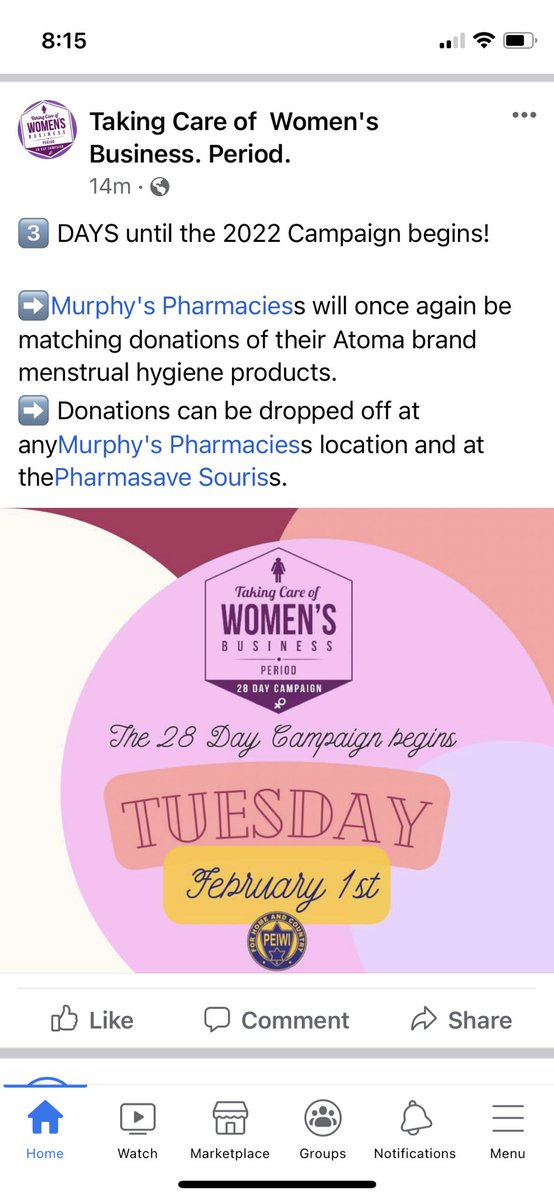 It’s that time again! These needs never take a storm day. Please support #28daycampaign #PEI Collection campaign begins February 1. Thank you PEI Women’s Institute and <a href="/MurphysPharmacy/">Murphy's Pharmacies</a>