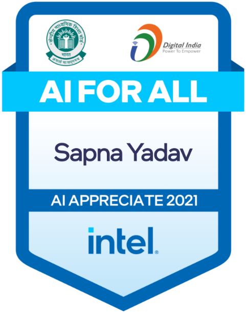 Hi, Checkout my AI Appreciate badge! I won it by completing the #AIForAll program. You can get yours too here - ai-for-all.in/#/badge?id=U2F…