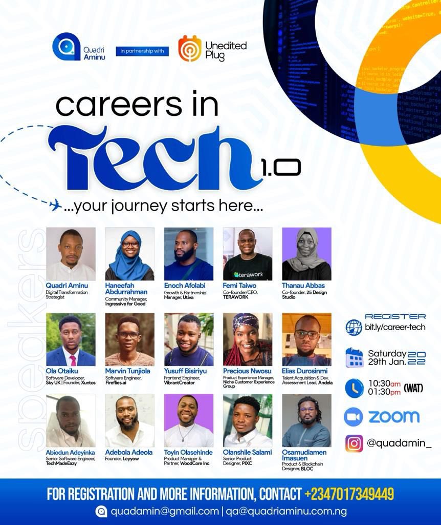 LuqcomIn's tweet photo. We’re proud to be partners for the Careers in Tech 1.0 #careersintech with
@quadamin 
@utiva_io
@Ingressive4Good
@teraworkNg
@xuntos_
@25designstudio
@micanigeria
@LuqcomIn
@uneditedplug

#girlsinict #techneedsgirls #girlsintech #GirlsWhoCode #girlsup @Tesla @Microsoft @google https://t.co/AO39ek4tkj