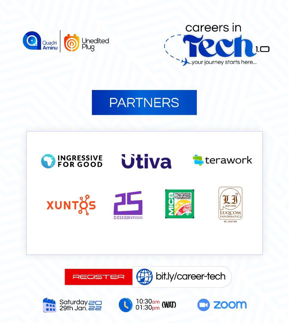 LuqcomIn's tweet photo. We’re proud to be partners for the Careers in Tech 1.0 #careersintech with
@quadamin 
@utiva_io
@Ingressive4Good
@teraworkNg
@xuntos_
@25designstudio
@micanigeria
@LuqcomIn
@uneditedplug

#girlsinict #techneedsgirls #girlsintech #GirlsWhoCode #girlsup @Tesla @Microsoft @google https://t.co/AO39ek4tkj