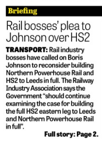 railindustryNTH's tweet photo. 📰On the front page and inside the @yorkshirepost, this weekend -

We call on the Government to get on with delivering the #IntegratedRailPlan, whilst reconsidering HS2 #EasternLeg and Northern Powerhouse Rail.

#RIANorth #VoiceOfRail 

Read more:
https://t.co/VpqpU4lp22 https://t.co/YGEdw0QIGj