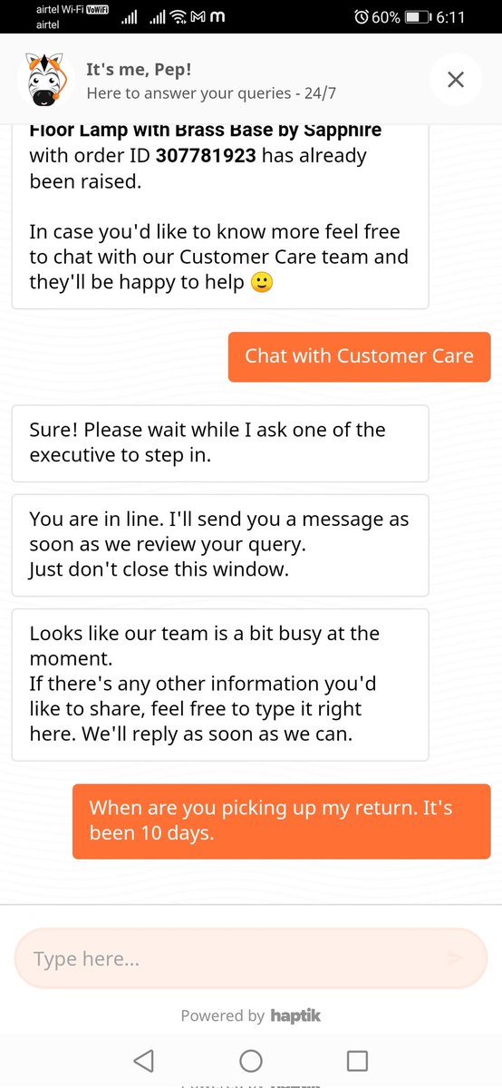 iprachism's tweet photo. @Pepperfry your customer care is still busy for returns. I haven't got call back yet. It happens every day. I wonder do you even have a customer service department? https://t.co/LT2kQXjoxj