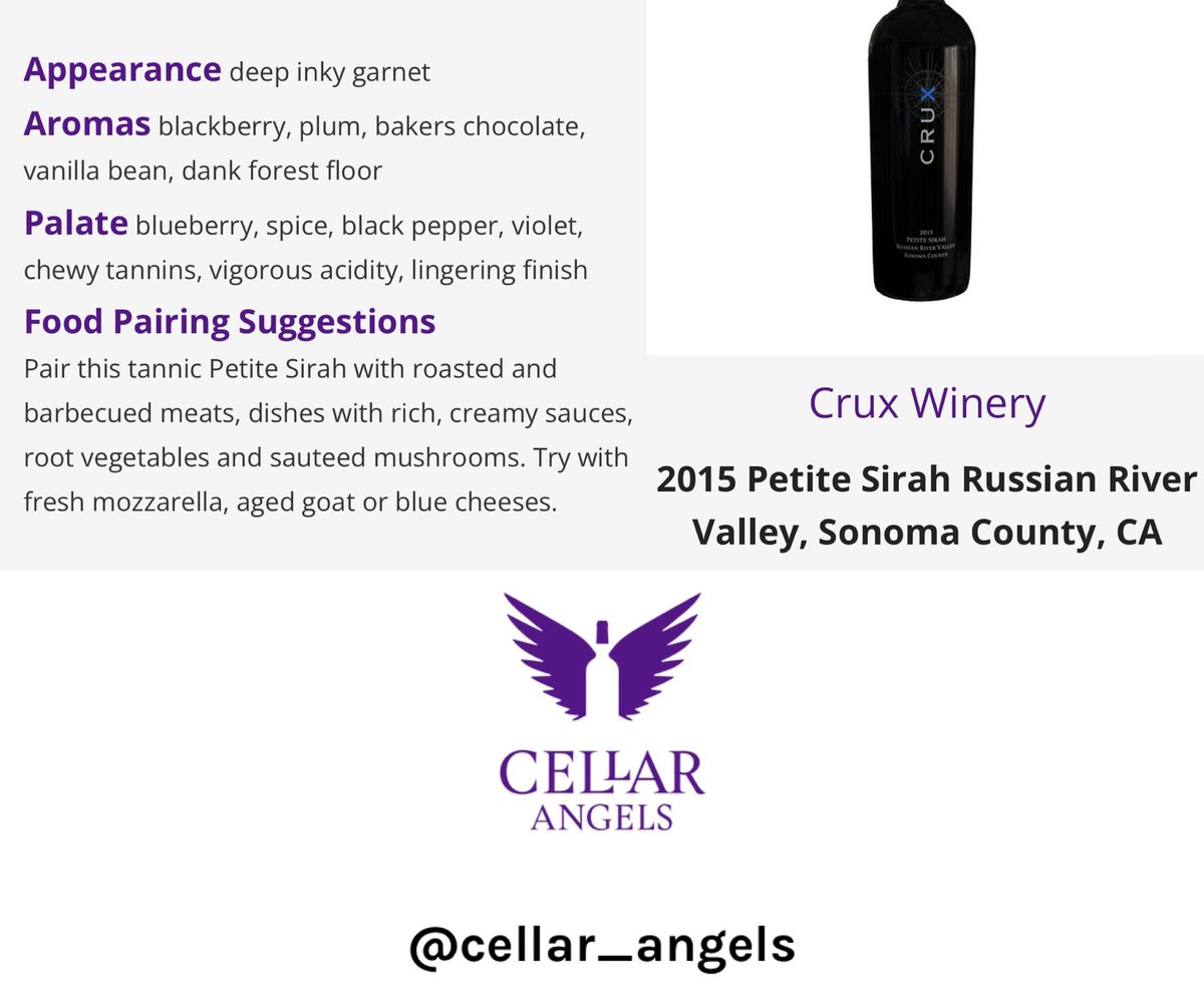 cruxwinery's tweet photo. A very limited allocation of Crux 2015 Petite Sirah now available on the Cellar Angels wine marketplace. Grab a case and we’ll throw in a virtual/in-person wine tasting with your purchase on https://t.co/uGwch6AVjq.
•
#cruxwinery #cellarangels #2015 #petitesirah https://t.co/Vhn1fAsEtT