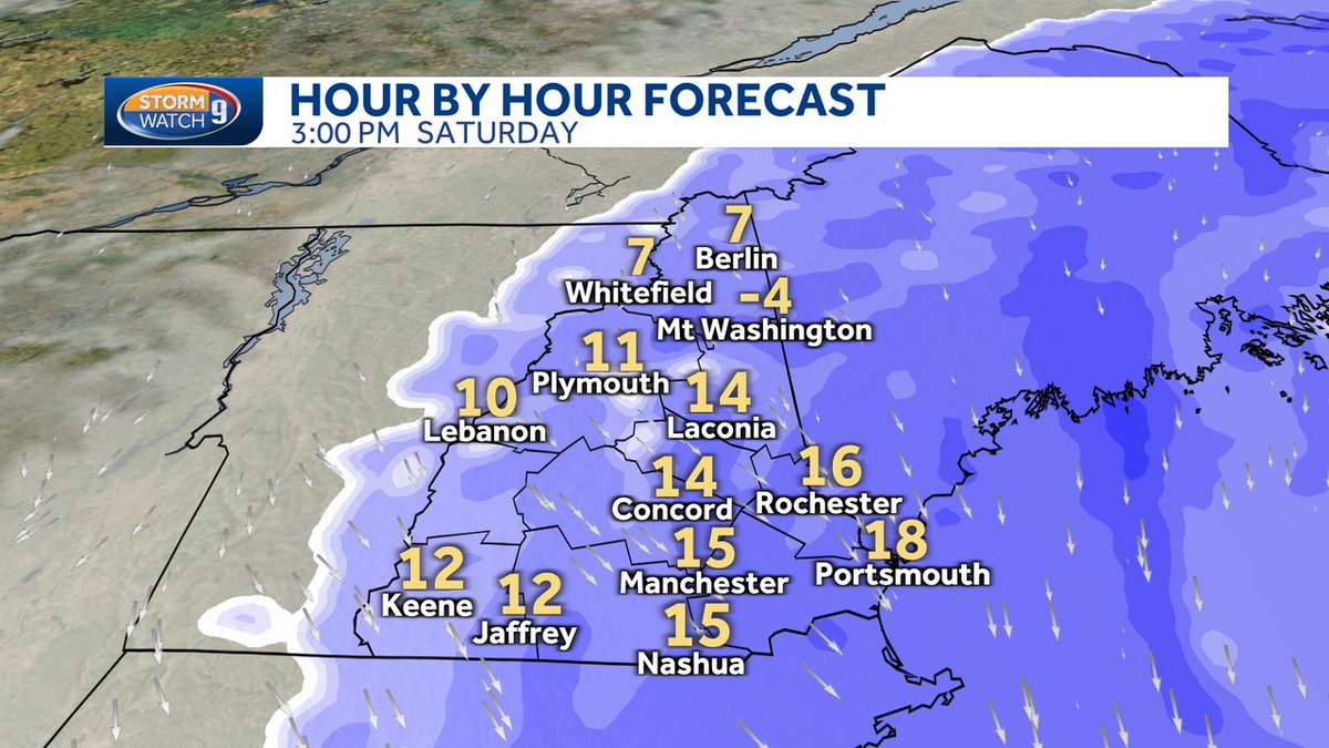 KevSkarupaWMUR's tweet photo. Height of this storm for us in NH will be between 11am-6pm...snowfall rates between 1-3"/hour in the SE half of NH with some wind gusts over 40 mph reducing visibility greatly...tough travel this PM until everything winds down between 7-11pm tonight. #WMUR https://t.co/EOQAVSzLN5