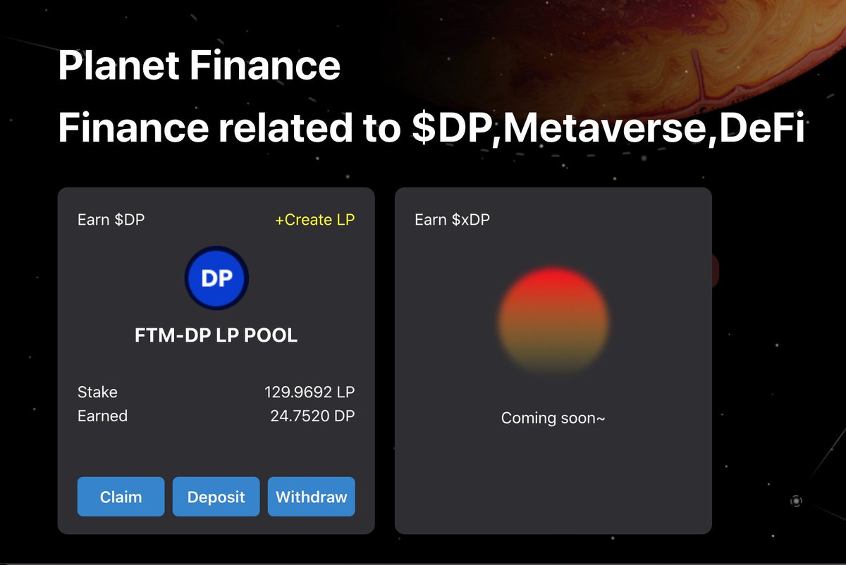 darkplanet_x_y's tweet photo. 🔥🔥🔥🚀🚀🚀
let's go

1. LP( $FTM - $DP ), Staking to get rewards, released.
2. At 30/01/2022 13:00 UTC, the $DP staking mining module was released.

Web: https://t.co/cv8AG17hUf

#DarkPlanet #PlayToEarn #DeFi #Metaverses https://t.co/zVrwG9GubQ