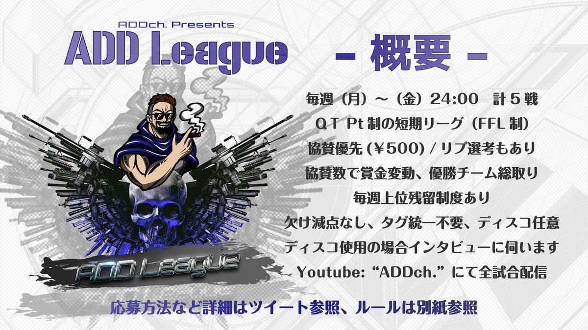 ADDchLeague's tweet photo. 🏁アッドリーグ  Season_04🏁

📆｜2月7日 - 11日 ( 5日間 )

⏰｜毎日24:00 〜 1戦

🏆｜総合優勝  協賛数で変動

⚪︎ 参加条件,協賛枠 ▷▶︎ 追記 ¹

⚪︎ リプ選考応募方法 ▷▶︎ 追記 ²
※協賛優先

⚪︎ その他詳細 ▷▶︎ 追記 ³

#クインテット #リーグ戦 
#クインテットリーグ戦 https://t.co/KiY4m5rK5c