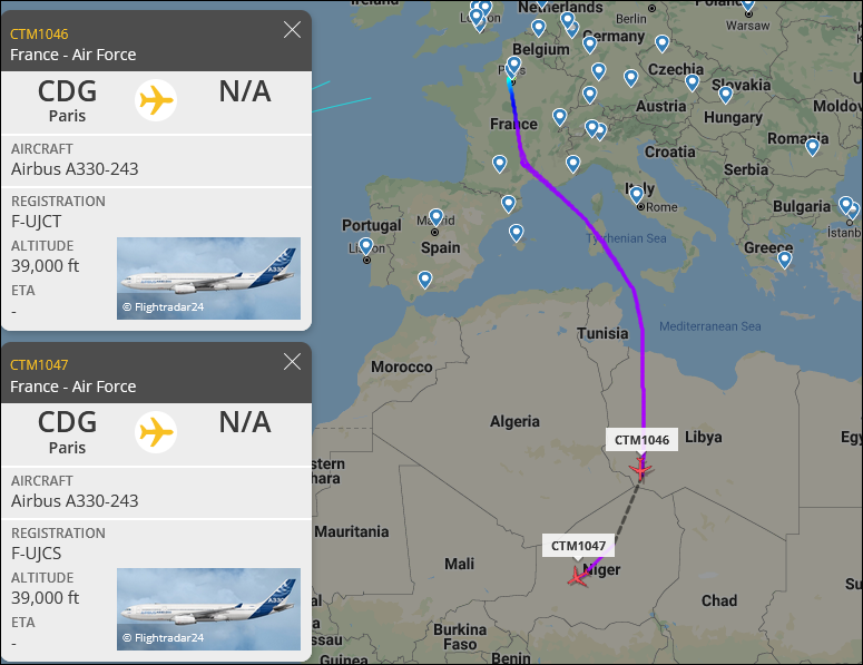 fabsenbln's tweet photo. #Sahel - 2x French 🇫🇷 Air Force Airbus A330-243:
#CTM1046 (reg. F-UJCT) + #CTM1047 (F-UJCS) coming from Paris, flying through Libyan airspace. Heading south. @Laurent_Le_Bloa @FrenchTrackers @CotamFleet https://t.co/QCzv7gQOjl