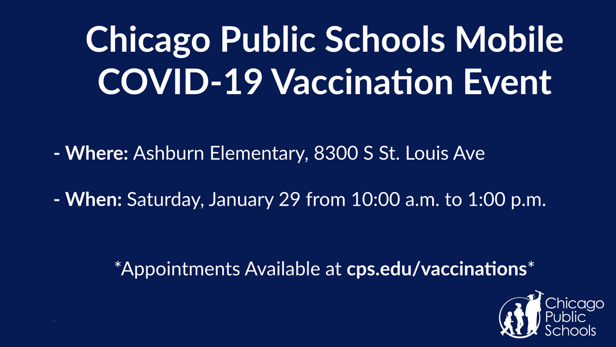 ChiPubSchools's tweet photo. We’re holding a vaccination event today from 10:00 a.m. to 1:00 p.m. at Ashburn Elementary (8300 S St. Louis Ave). Make your appointment here: https://t.co/jdGzwpnLX6 https://t.co/DCQGaOh99P