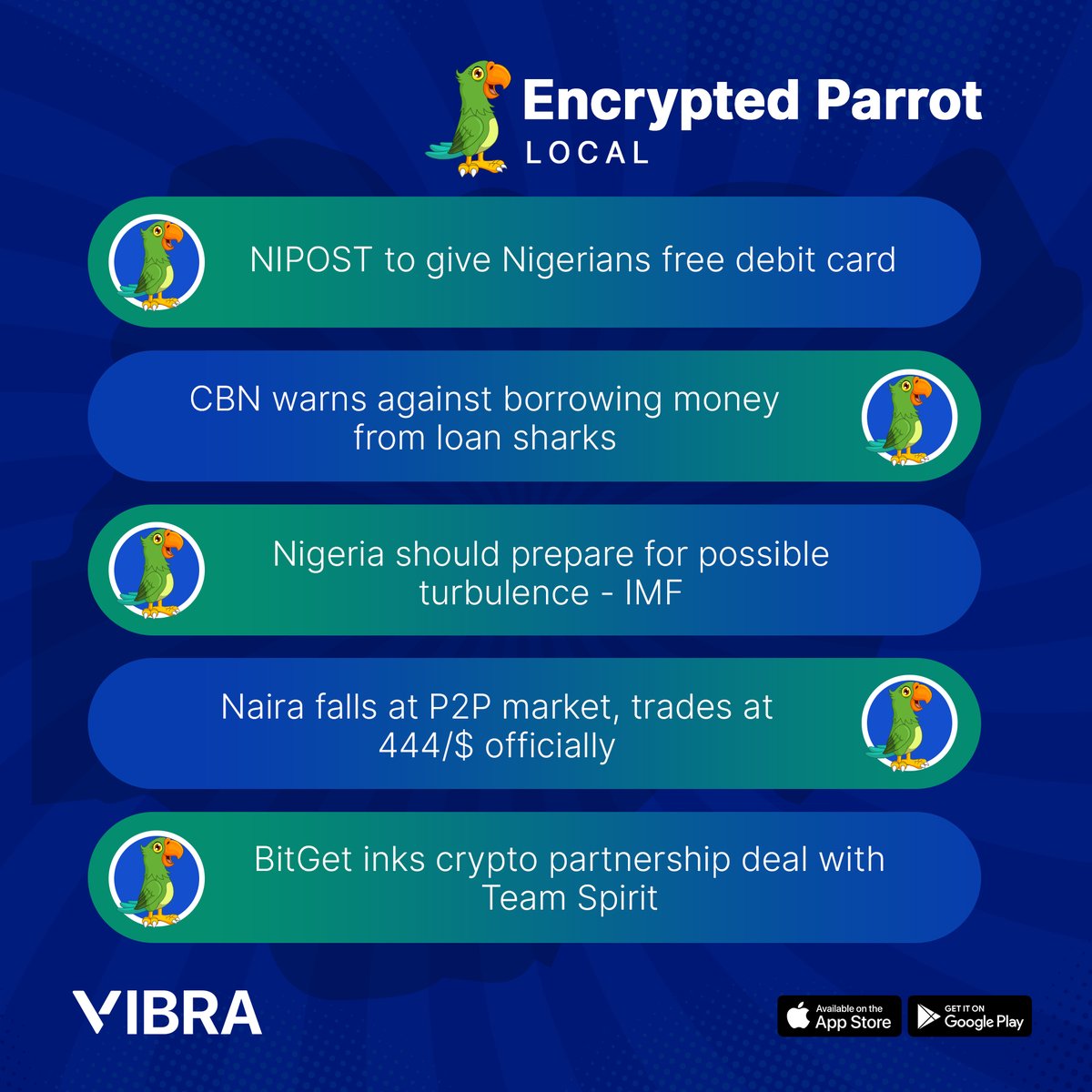 VibraAfrica's tweet photo. 🗞🦜 Here is the line up of top local and international stories this week on the ‘Encrypted Parrot’ series.
___
Leave a comment: which one of the week's headline stands out, in your opinion?
#ExploreVIBRA #Crypto #P2P #EncryptedParrot #AFCON2021 https://t.co/VkyS8Fk17C