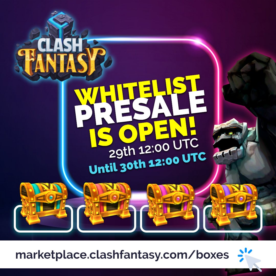 ✅ WHITELIST PRESALE IS OPEN! 🔥
⚡ 29th 12:00 UTC - 30th 12:00 UTC ⚡
marketplace.clashfantasy.com/boxes
#nftcard #nft #clashfantasy #clashfantasygame #fansy #token #nftgame #nftgames