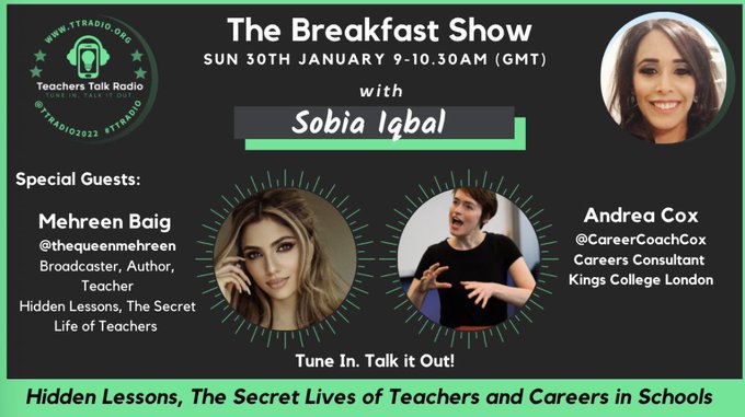 Join <a href="/SobiaStellarS/">S</a> tomorrow with @thequeenmehreen as they discuss Hidden Lessons and The Secret Lives of Teachers!

Plus, <a href="/CareerCoachCox/">Andrea Cox</a> will be talking about careers with impact!

Tune in. Talk it Out!

#TTRadio