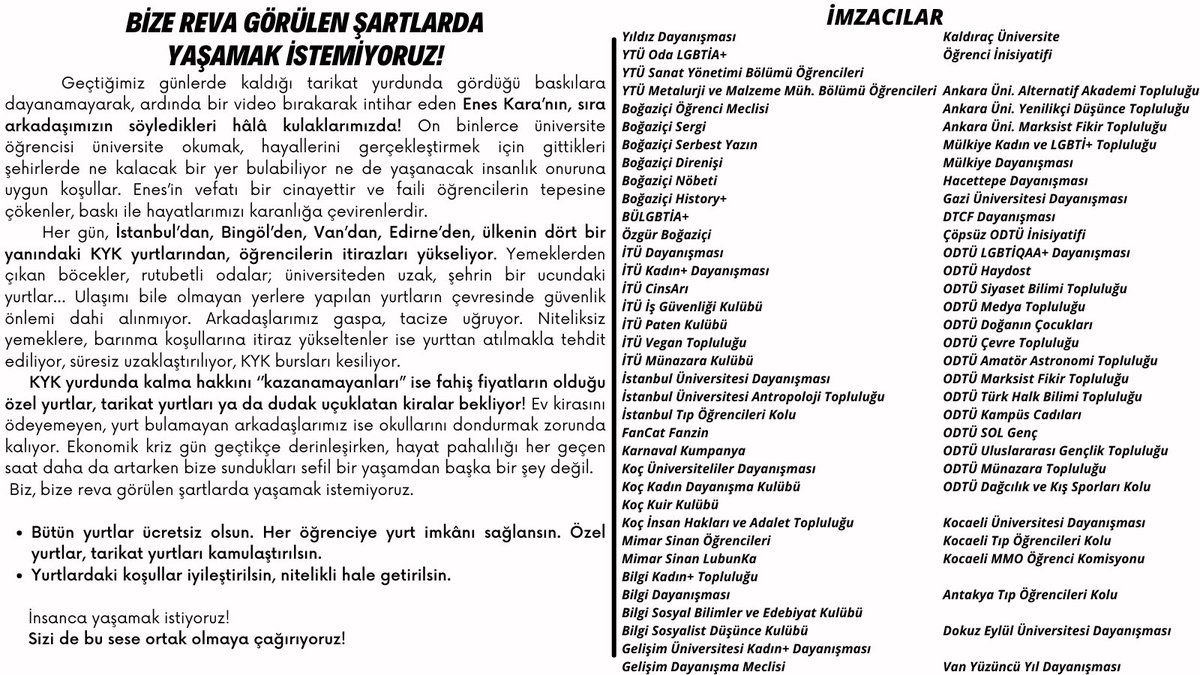 Niteliksiz barınma koşulları, baskı ve güvensiz yaşam şartlarına karşı sesimizi yükseltiyoruz! #ÖğrencilerinAlacağıVar
