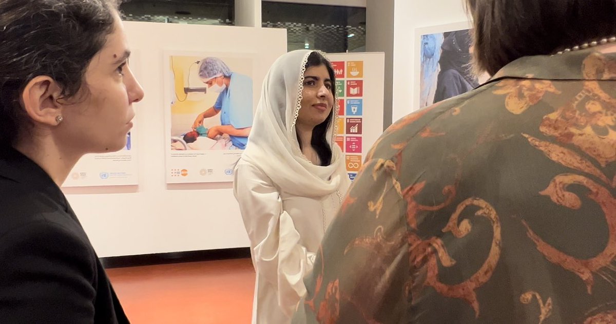 UN_UAE's tweet photo. We were honored by the visit of Malala Yousafzai &amp; family to the #UNHub at #expo2020dubai. She was welcomed by @DrDenaAssaf, the @UN RC #for the #UAE.
 @Malala explored the @UNFPA_Arabic Exhibition "#SafeBirth Even Here" taking place at the #UN Hub till 31 Jan 2022. #UNxExpo https://t.co/OSeqpaU0TG