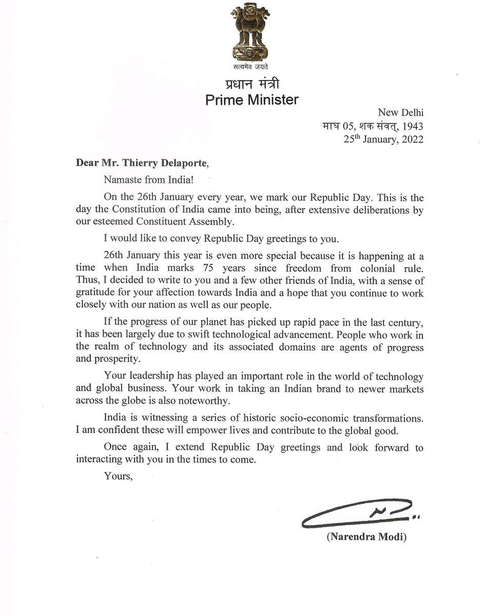 Mr.Thierry Delaporte Chief Executive Officer and Managing Director of <a href="/Wipro/">Wipro</a> recieved the letter from Hon'ble Prime Minister <a href="/narendramodi/">Narendra Modi</a> for  playing important role in taking Indian brand to newer markets across the globe.

<a href="/TDelaporte/">Thierry Delaporte</a>