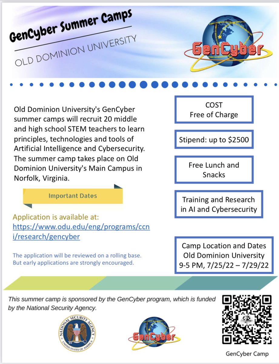 Are you a 6-12 grade teacher? Want to add cybersecurity lessons into your classes? Join our FREE one-week GenCyber summer camp (Jul 25-29 at ODU) &amp; get a $1000 stipend (plus up to $1500 more!). Sign up now! odu.edu/eng/programs/c…