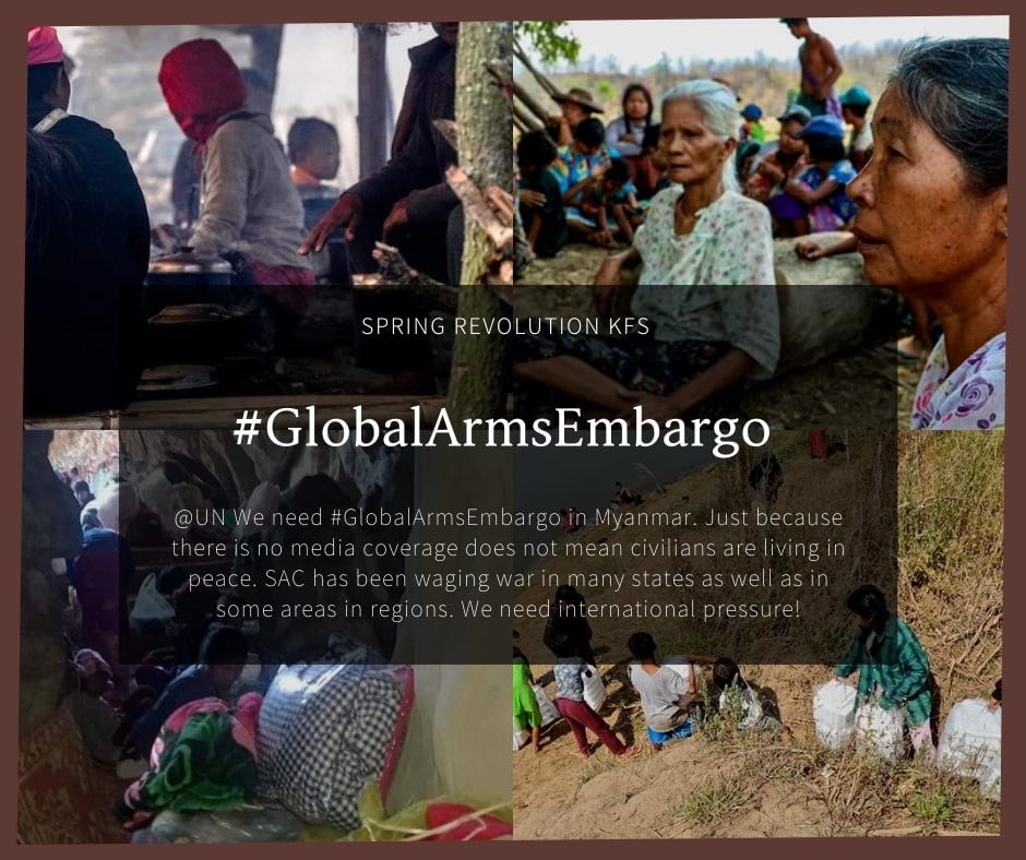 .<a href="/UN/">United Nations</a> We need #GlobalArmsEmbargo in Myanmar. Just because there is no media coverage does not mean civilians are living in peace. SAC Terrorist Group has been waging war in many states as well as in some areas in regions. Your inaction put millions’ lives in danger.