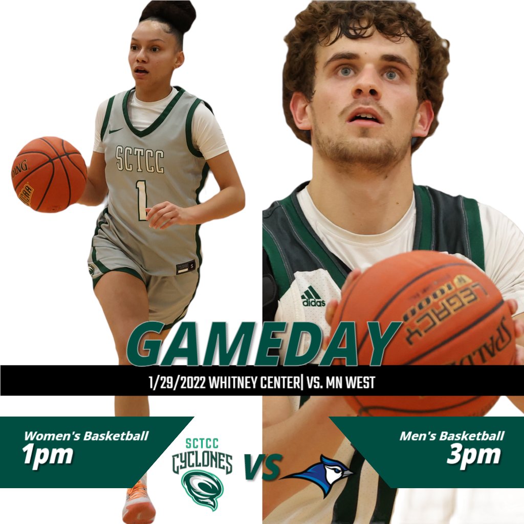 GAMEDAY! @sctcc_wbb and @sctcc_hoops host MN West today in a Basketball Doubleheader. 

Fans &amp; Spectators- Masks are required to be worn throughout Cyclone Athletic Events at Whitney Center

Livestream-youtube.com/channel/UCOi5M…