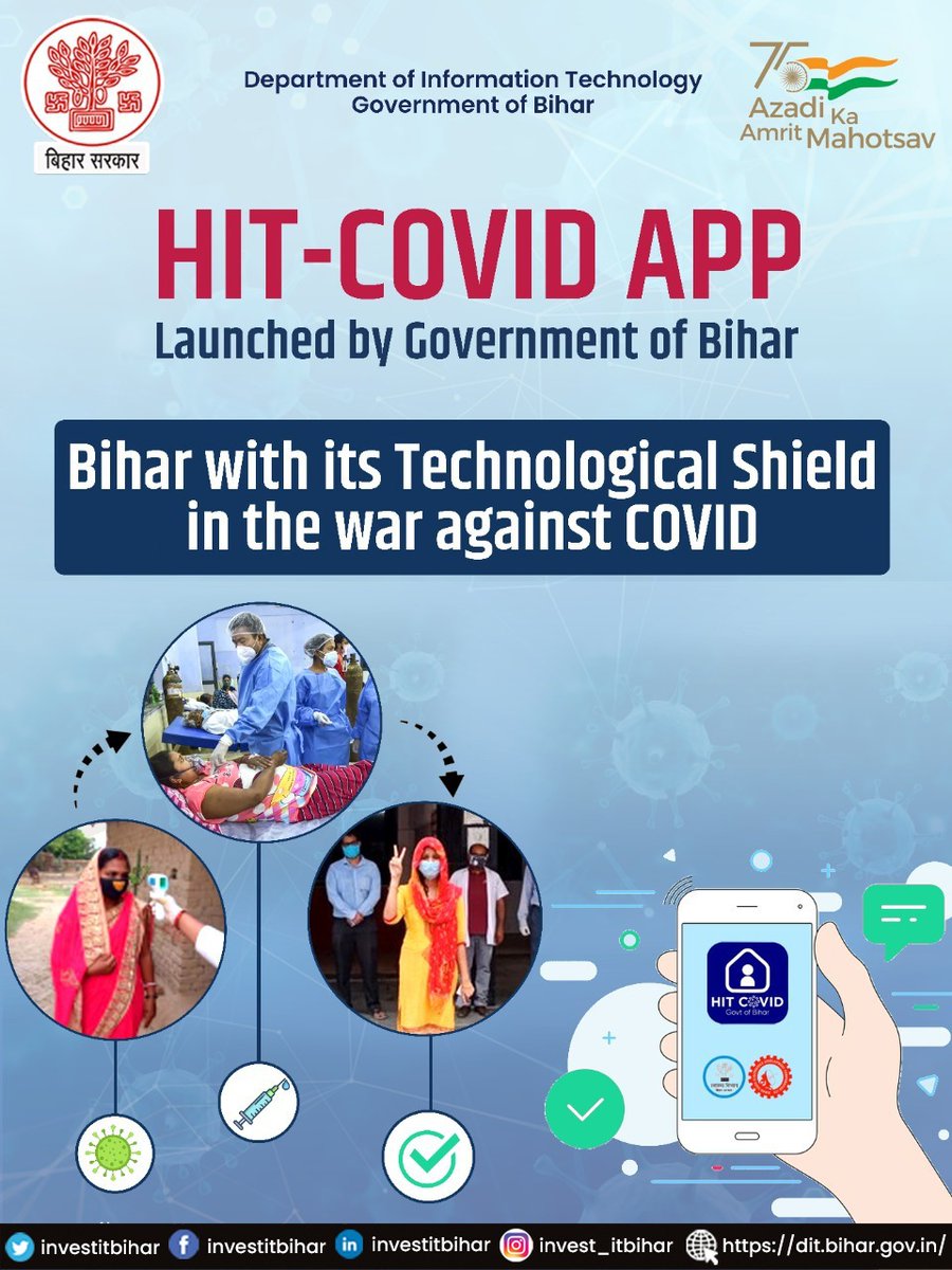 investitbihar's tweet photo. 📱While the entire #Nationfightsback the 3rd wave of COVID, Bihar is using the best weapon in its armory, the HIT COIVD App. The Department of IT, Government of Bihar came up with a novel concept of a Technological shield, the #HITCOVID App to combat the devastating pandemic. https://t.co/73wvpgJ1rH