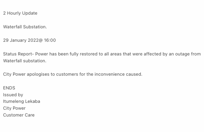 CityPowerJhb's tweet photo. #WaterfallOutage
#JoburgUpdates
Power has been fully restored to all areas affected. ^IL https://t.co/efnzR60y0g