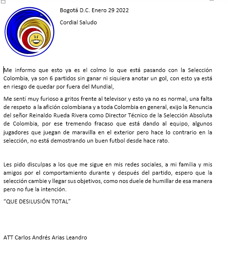 Carlos_Arias_L's tweet photo. @TertuliaMillos @johnmillos07 @OrosteguiDoris @bscg0570 @PinzonBriceno #FueraReinaldo #FueraReinaldoRueda 💛💙💔 https://t.co/bM0Ir9RM2X