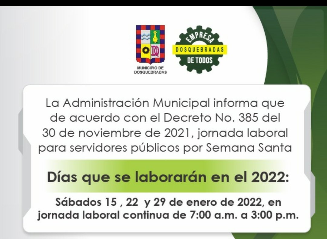 AlcaldiaDosq's tweet photo. Cumpliendo con lo establecido,  desde la Empresa de Todos estaremos atendiendo al público el día de mañana 29 de enero de 2022 https://t.co/nWuJchLD0U