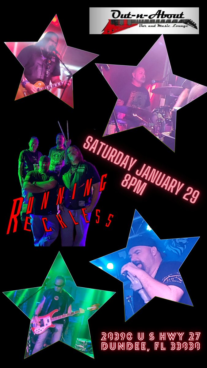 Mach5E21's tweet image. Don&apos;t forget tonight Running Reckless will be live at Out N About... So head on out tonight 8pm and get your rock on!!!!
