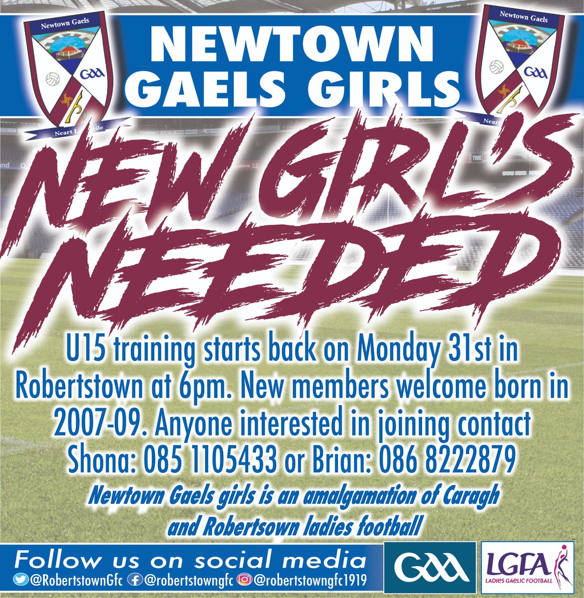 Newtown Gaels girls U15 training starting back Monday 31st in Roberstown at 6pm.
New Members welcome born 2007-09. 
#newbeginings
#supporthersport #newtowngaelsgirls #KildareLGFA
@RobertstownGfc @Caragh_GFC @KildareLGFA1 @NGaels