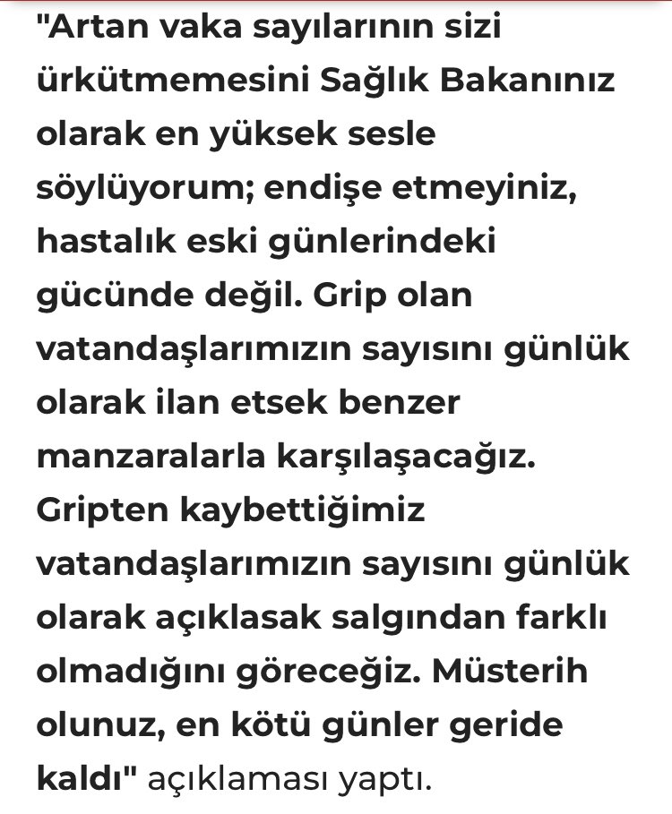 Sağlık Bakanı diyor ki;

"Grip olan veya gripten hayatını kaybeden vatandaşlarımızın sayısını günlük olarak ilan etseydik salgından (koronavirüsten) farklı olmadığını görürdük"

Bu ne demek biliyor musunuz?

Resmen kandırıldınız!

#Kandırıldınız